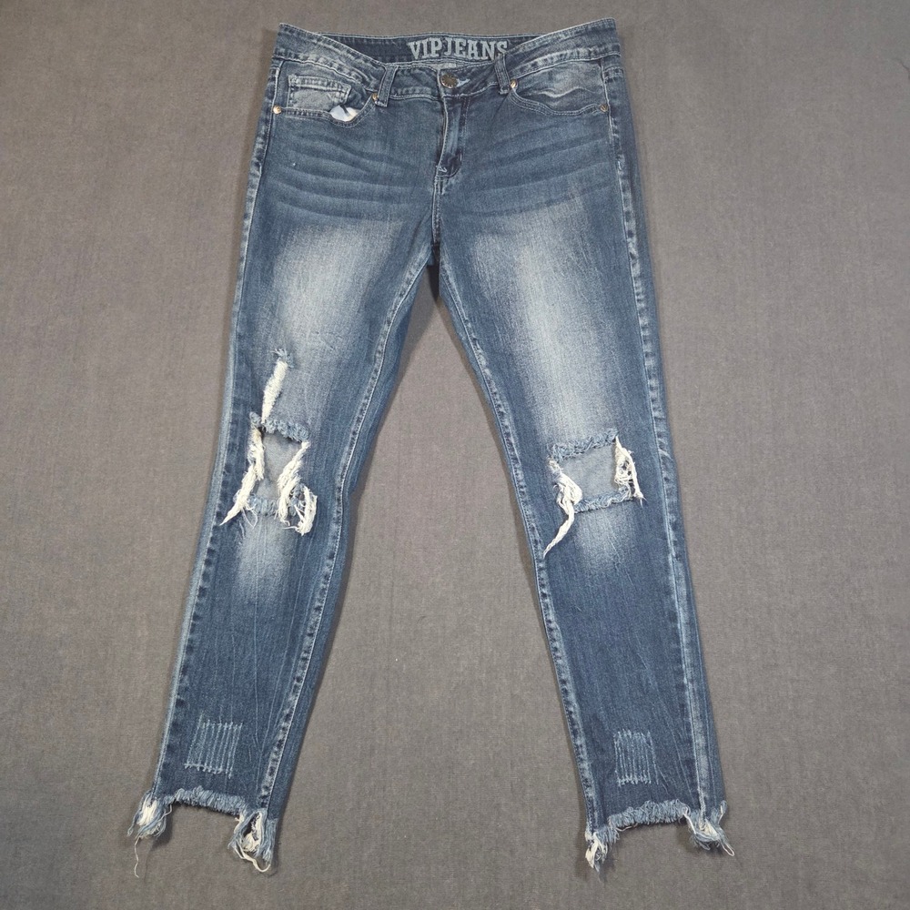 VIP Jeans Distressed Skinny Denim Womens 11/12 Blue Frayed Raw Hem Ripped